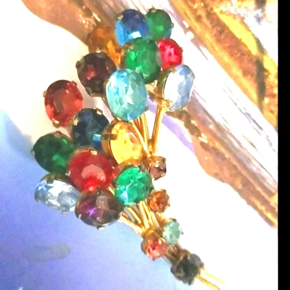 Vtg 50's CZECH Glass  Bouquet Gem Stones Multi Colorful Rare Gold Marked Brooch - Picture 4 of 9